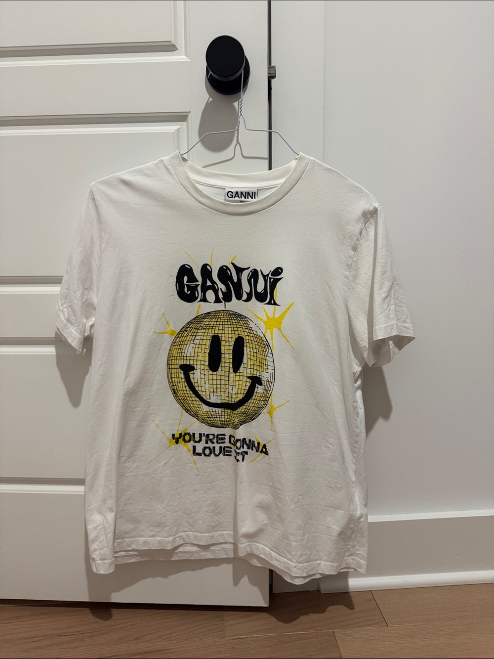 Ganni White Tee with Yellow Smiley Graphic